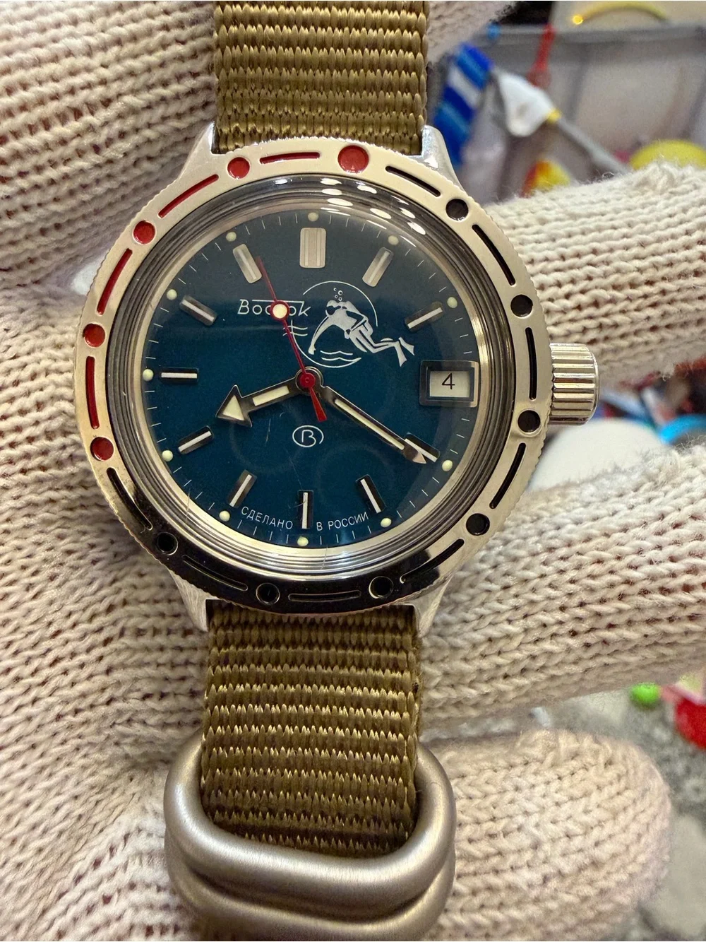 Vostok Amphibia 420059 Scuba Dude Automatic 200m Diver Watch Teal/Olive Dial